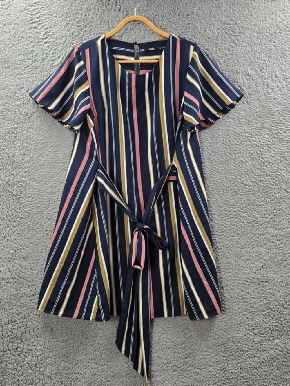 Calli Womens Dress Size 8 Navy Blue Pink Yellow White Stripe Short Sleeve